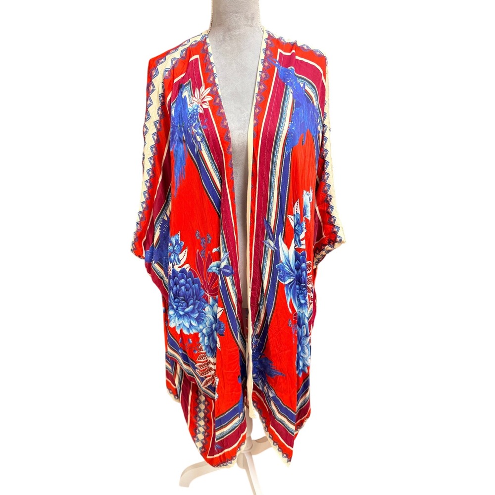 Farm Rio Kimono Wrap XS Red Blue Tropical Floral Macaw Viscose Open Coverup